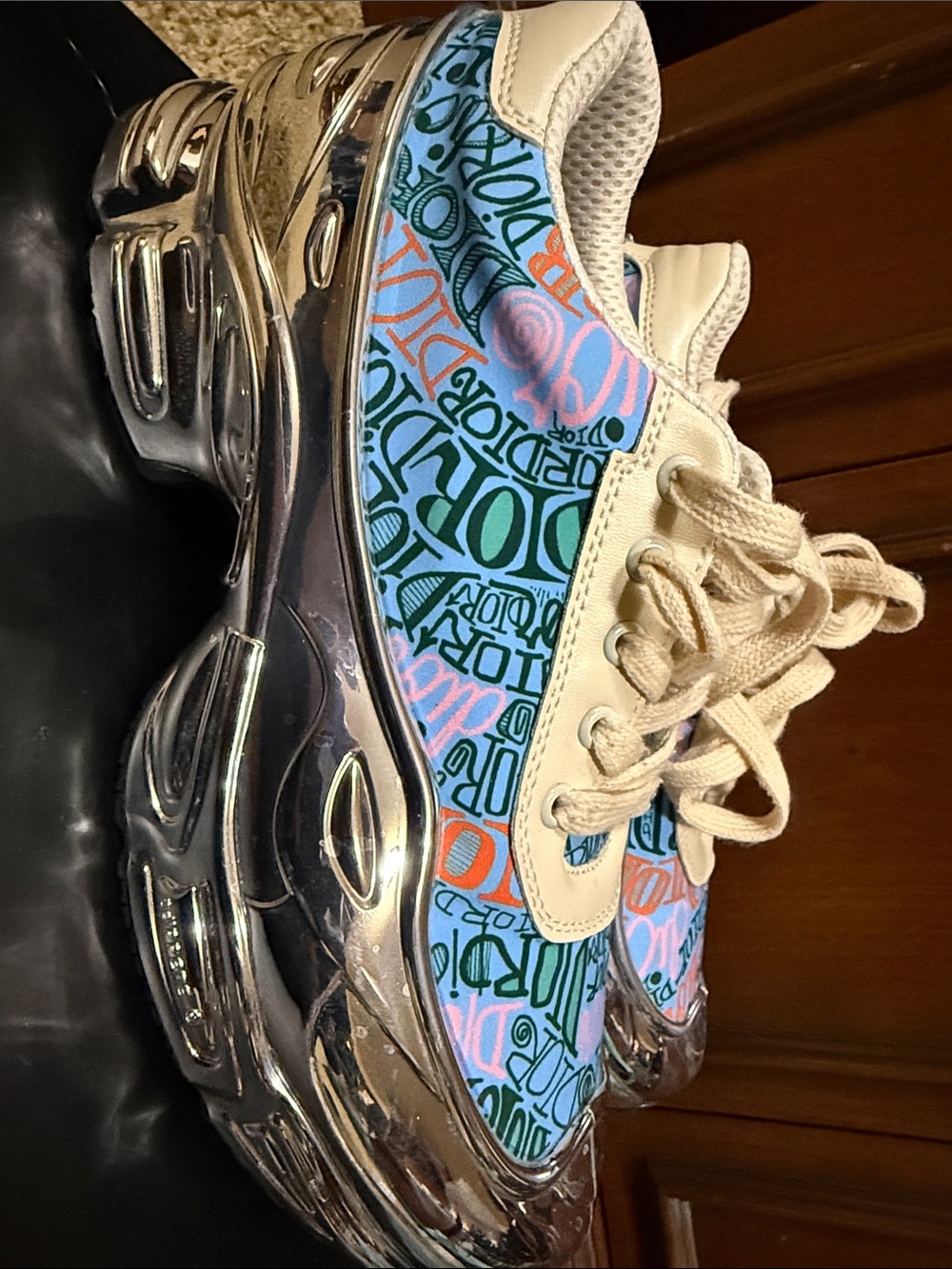 Raf Simons Adidas w/DIOR Low-Top Sneakers in Cream& Teal Graffiti SILVER Soles
